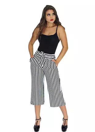 Calça pantacourt pantalona listrada e lisa ref 092(branco/preto)