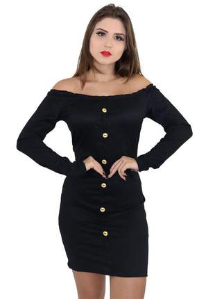 Vestido canelado feminino manga longa com botões. ref: 486(preto)