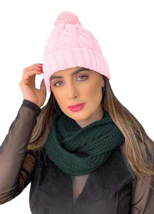 Kit touca gorro tricot +cachecol gola feminino ref:991 (rosa/verde-escuro)