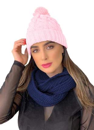 Kit touca gorro tricot +cachecol gola feminino ref:991 (rosa/azul-marinho)