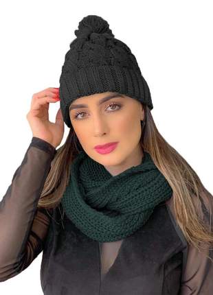 Kit touca gorro tricot +cachecol gola feminino  ref:991 (preto/verde-escuro)