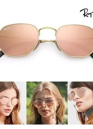 Oculos de sol hexagonal rosa espelhado rb3548 - feminino