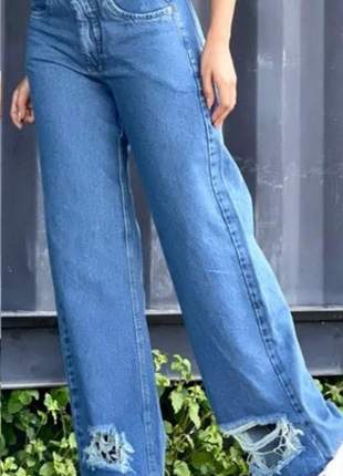 Calça jeans  feminina  pantalona cintura alta moda rasgada longa