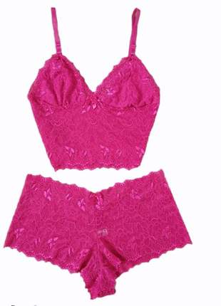 Conjunto lingerie plus size dolce sedutti renda cropped pink