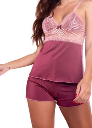 Pijama verão shortdoll ou babydoll bicolor com renda sensuale feminino