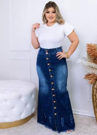 Saia jeans destroyed longa justa moda evangélica feminina