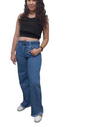 Calça jeans pantalona feminina wide leg larguinha