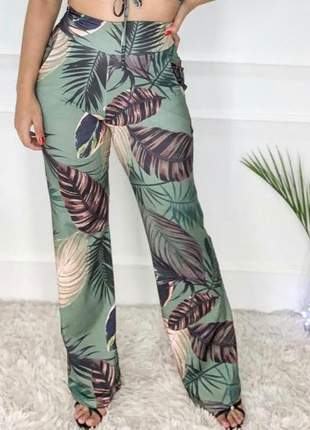 Calça pantalona estampada feminina cintura alta verde folhas