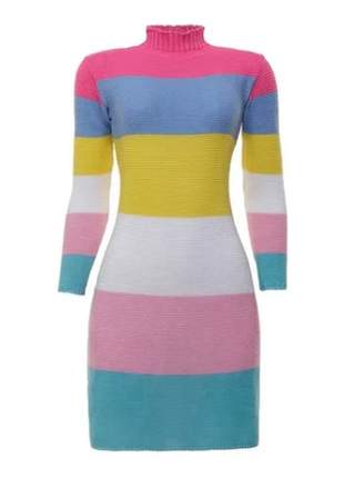 Vestido manga longa trico listrado colorido rainbow tricot