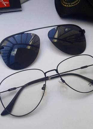 Óculos de grau e sol ray ban aviador 2 em 1 clipon preto e preto com dourado