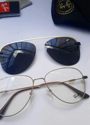 Óculos de grau e sol ray ban aviador 2 em 1 clipon preto e preto com dourado