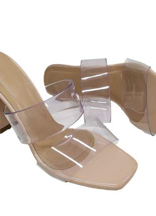 Sandália tamanco salto alto taça tira vinil transparente bico quadrado confort 34 ao 40