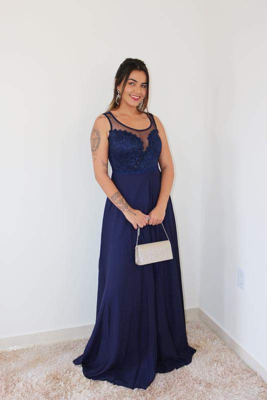 Touhou Bully access Vestido de festa longo azul marinho moda bojo decote princesa madrinha  casamento formatura - R$ 199.00, cor Azul (de renda, look romantico)  #94489, compre agora | Shafa