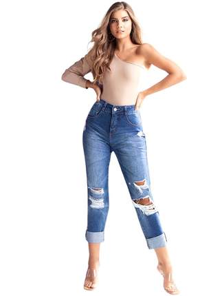 Calça biotipo jeans feminina mom destroyed cintura media 26956