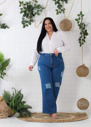 Calça wide leg jeans plus size destroyed cintura super alta