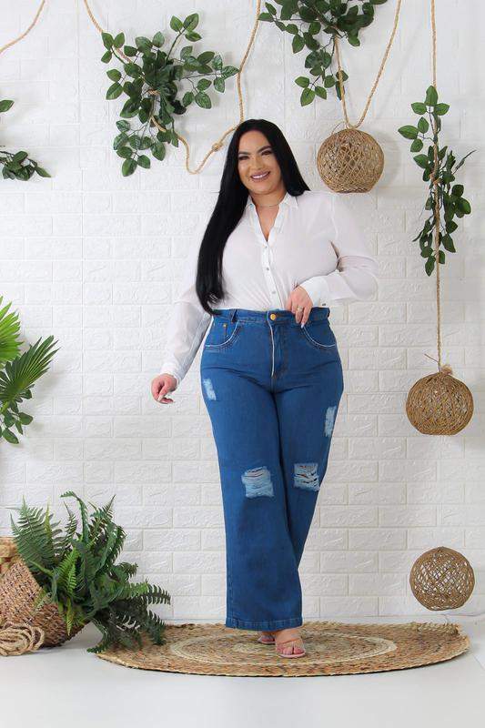 Calça wide leg jeans plus size destroyed cintura super alta - R