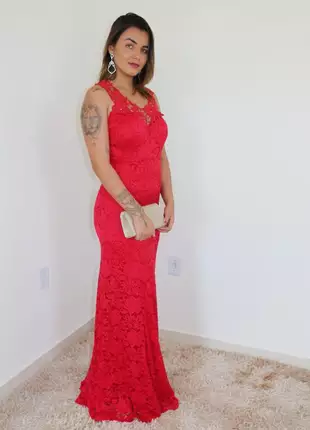 Vestido de festa sereia renda vermelho madrinha casamento formatura