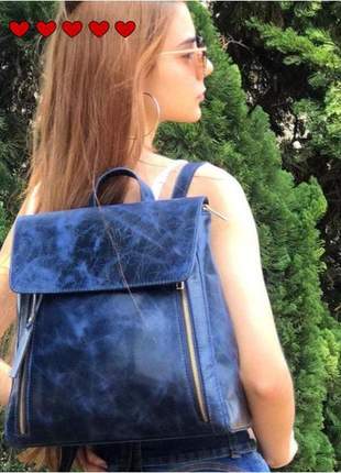 Bolsa mochila de couro legítimo azul marinho - para usar como bolsa de mão ou mochila