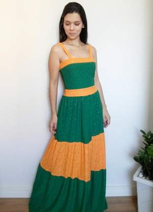 Vestido longo laise verde e laranja