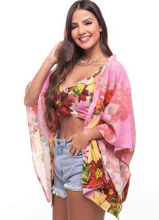 Conjunto kimono com cropped estampado floral colorido