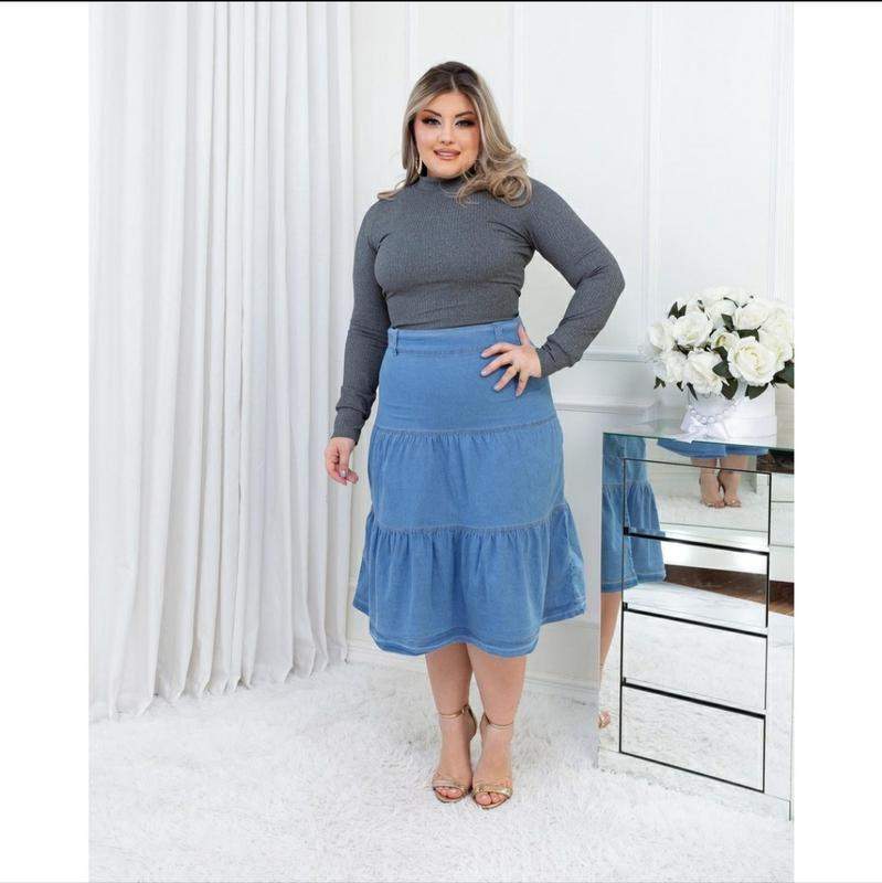 Misty Inspector contact Saia jeans plus size - três marias moda evangélica - R$ 109.00, cor Azul  #152838, compre agora | Shafa
