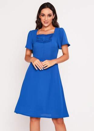 Vestido de manga curta ampla liso azul - 06121