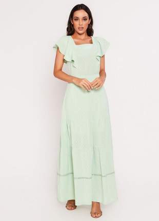 Vestido longo casual liso decote quadrado verde - 06123