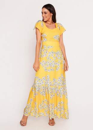 Vestido floral longo decote coração amarelo - 06129