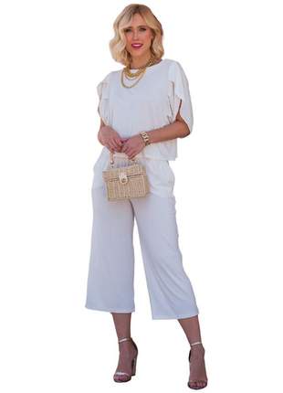 Elegante conjunto de calça pantacourt cós largo e blusa com pregas viscolycra