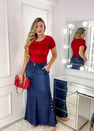 Saia jeans longa botões moda evangelica feminina gospel