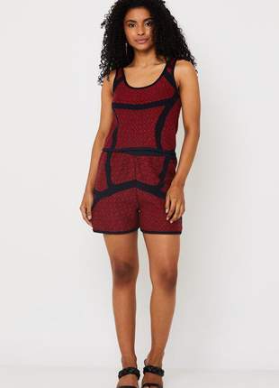 Conjunto de tricot ralm top cropped e shorts estampa geométrica - vermelho