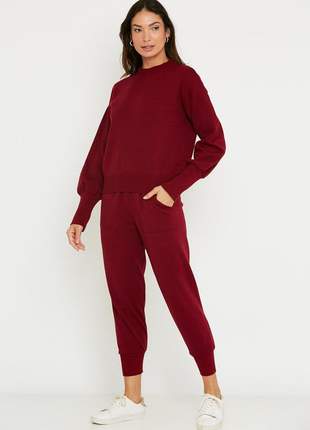 Conjunto de tricot ralm calça jogger com bolso e blusa com punhos - vinho
