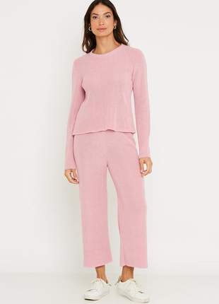 Conjunto de tricot calça pantalona e blusa manga longa - rosa