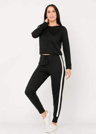 Conjunto de tricot calça jogger e blusa manga longa de faixa lateral - preto