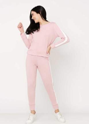 Conjunto de tricot calça jogger e blusa manga longa de faixa lateral - rosa