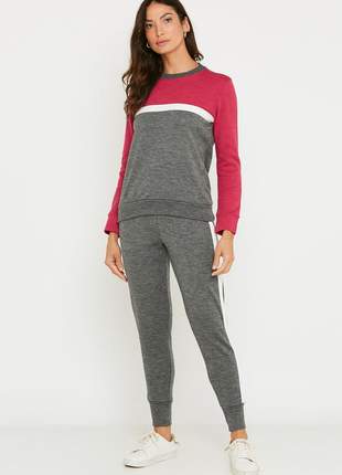 Conjunto de tricot calça jogger faixa lateral e blusa manga longa tricolor - pink