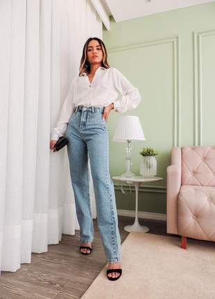 Calça isabella jeans feminina cintura alta reta