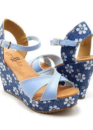 Sandália anabela plataforma sobressalto azul floral x