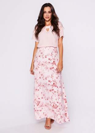 Saia estampada longa floral tecido leve rosa - 06127