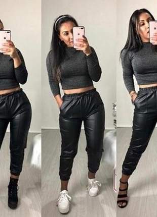 Calça jogger no cirre preta blogueira feminina cintura alta
