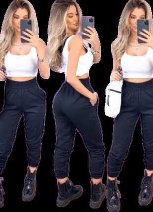 Calça moletom feminina jogger cós alto bolso moda instagram flanelado
