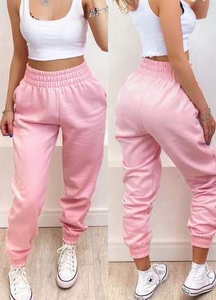 Calça moletom feminina jogger cós alto bolso moda instagram flanelado