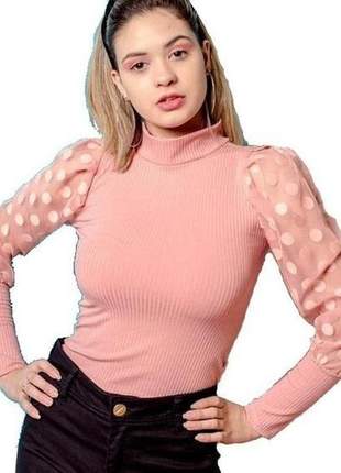 Blusa lã tricot rosa manga longa comprida tule bufante moda inverno