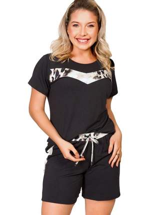 Conjunto de pijama feminino comfy preto animal print curto t-shirt