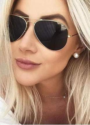 Óculos de sol aviador todo preto lente escura proteção ban uv400 moda praia 2022 blogueira