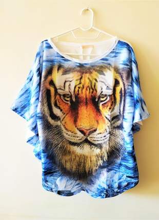 Blusa animal print tigre tela em tule azul