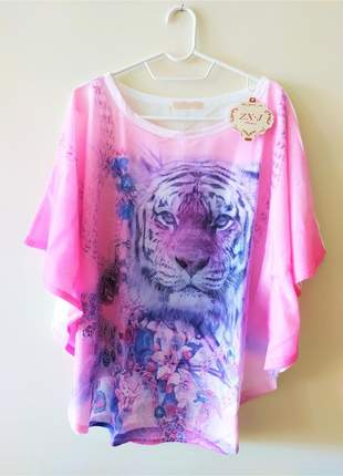 Blusa animal print tigre tela em tule rosa