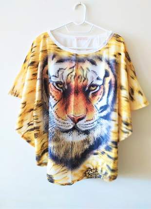 Blusa animal print tigre tela em tule amarelo