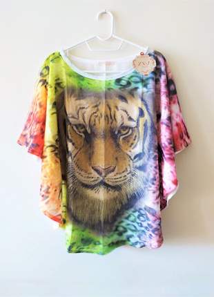 Blusa animal print tigre tela em tule multicolor