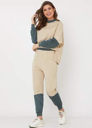 Conjunto de tricot ralm calça jogger e blusa bicolor - bege